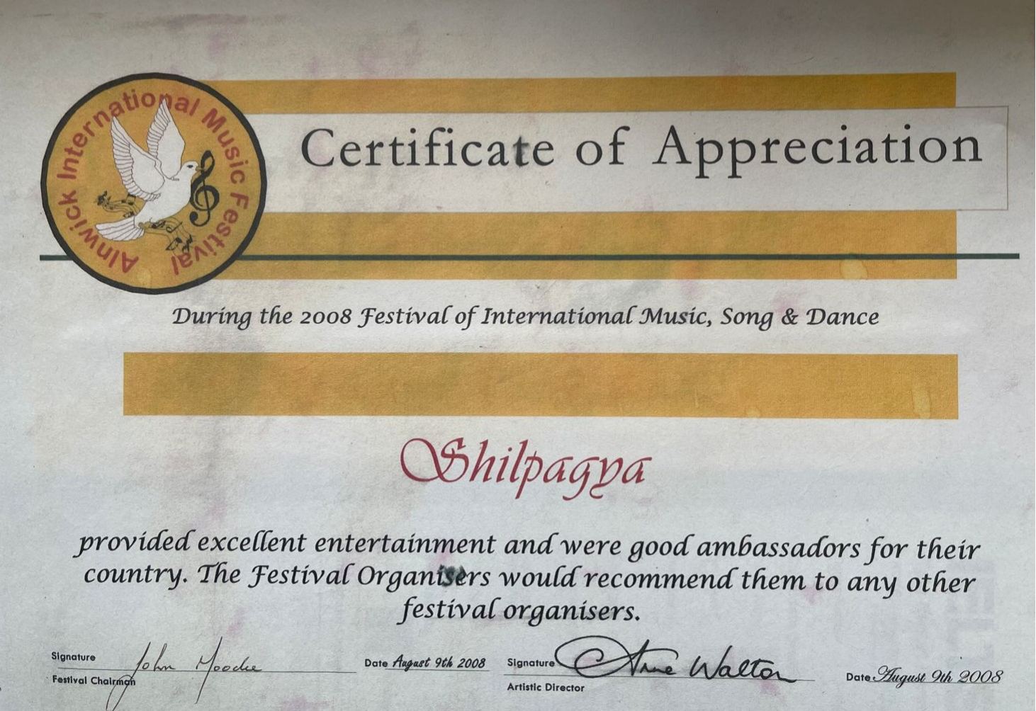 Alnwick International Music Festival, UK — Certificate of Appreciation, August 2008