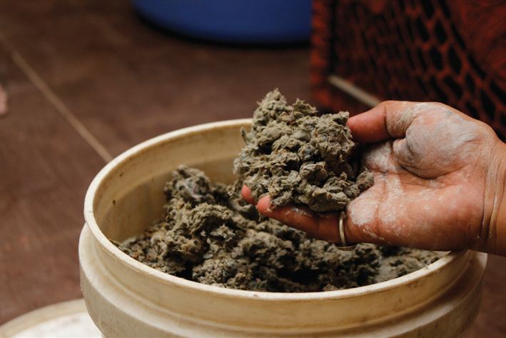 Drained and mixed with fuller’s earth and natural gum into pulp